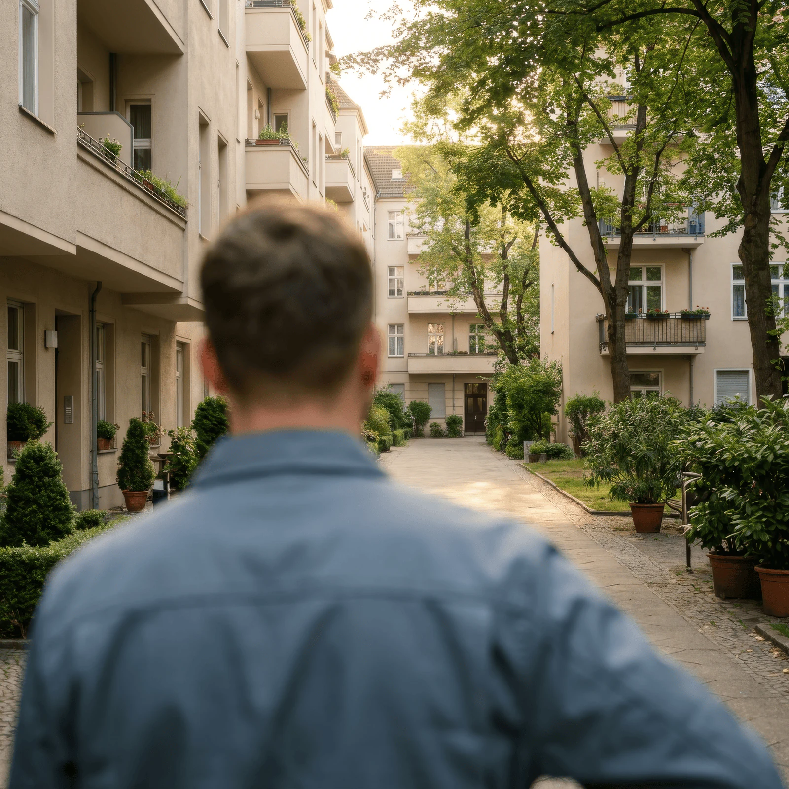 Losoma Mitarbeiter blickt in einen gepflegten Berliner Innenhof