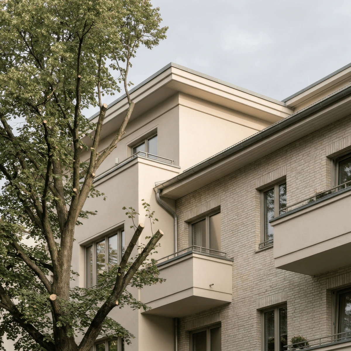Ziegelfassade und Putzflächen eines Berliner Wohngebäudes mit Balkonen