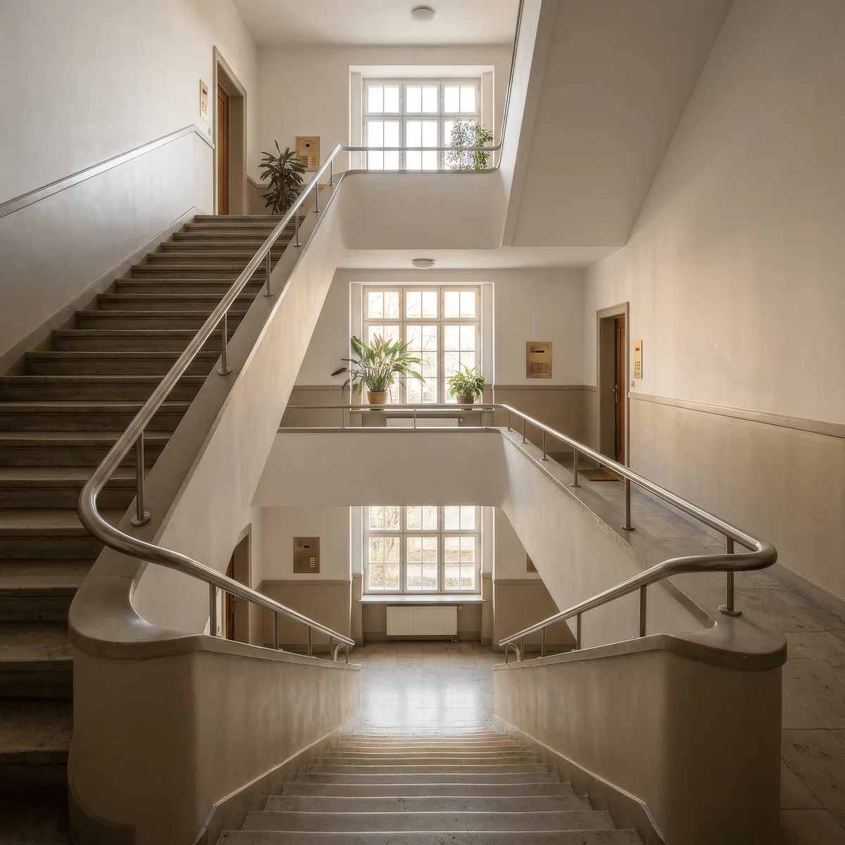 Helles Treppenhaus mit Geländern und Fenstern in einem Berliner Wohngebäude