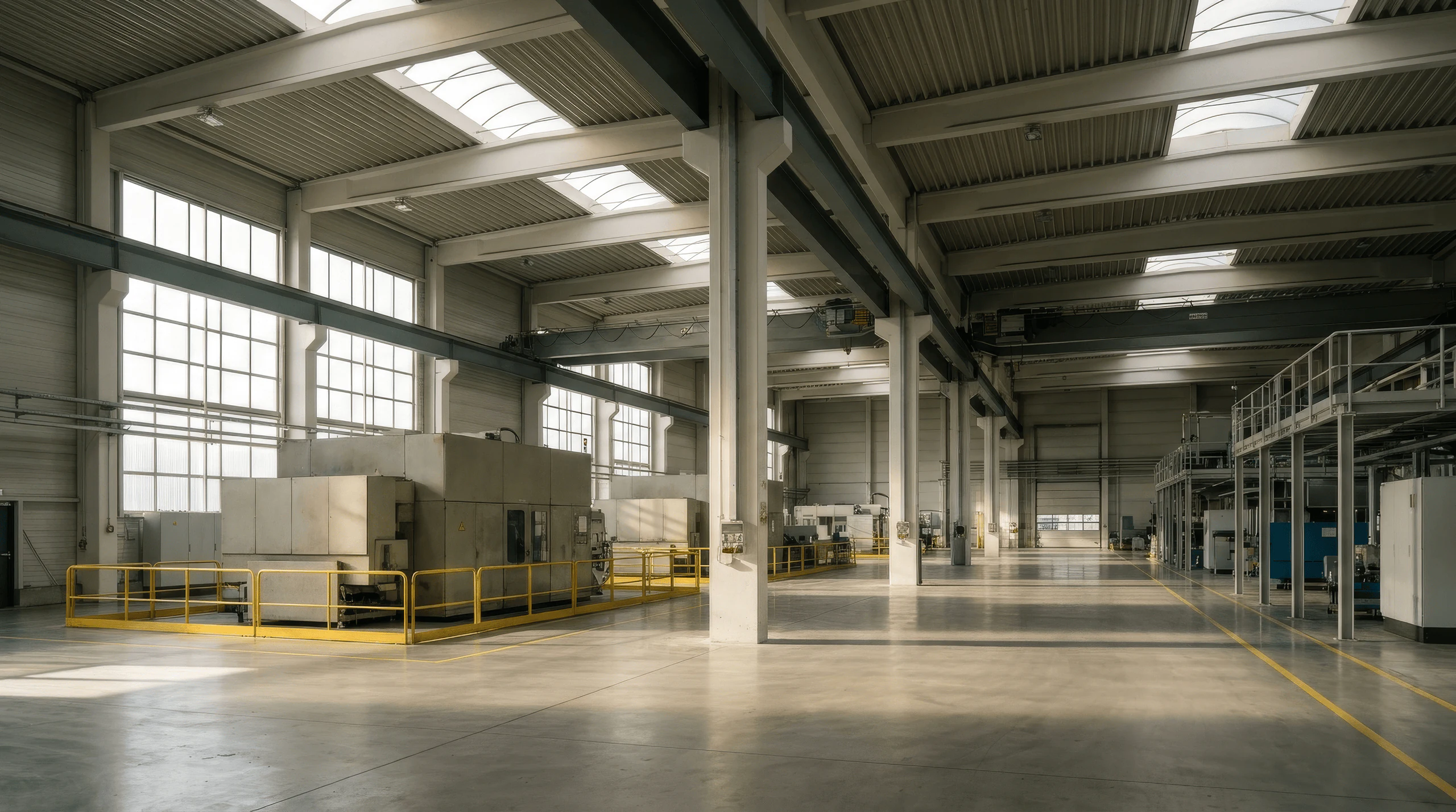 Helle Produktionshalle mit Stahlträgern und Industrieboden im Tageslicht