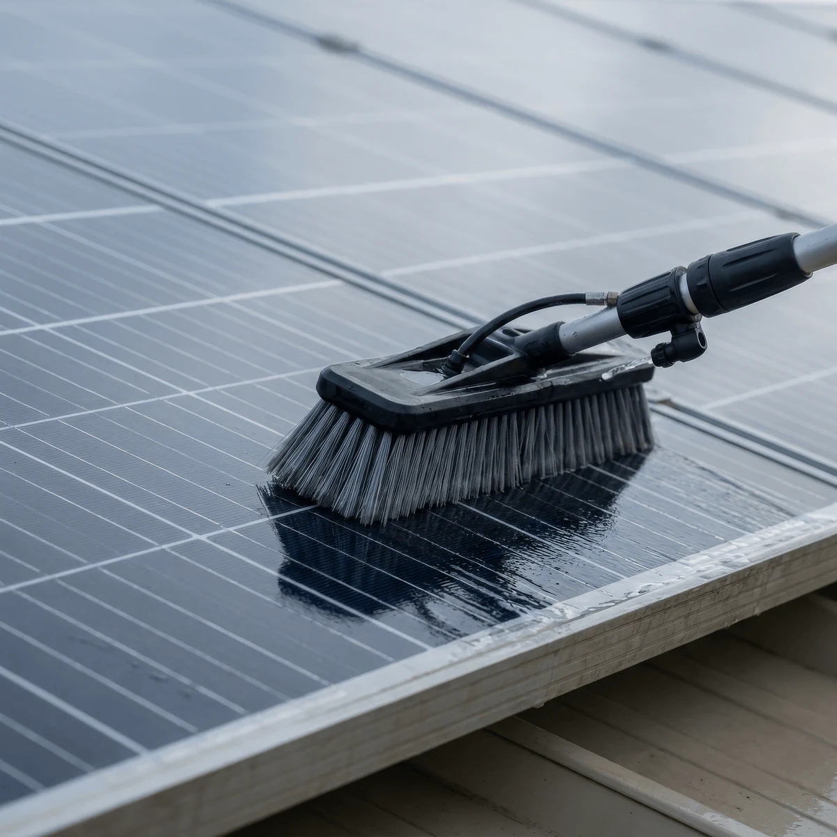Reinigung eines Photovoltaikmoduls mit einer Waschbürste und gereinigtem Wasser