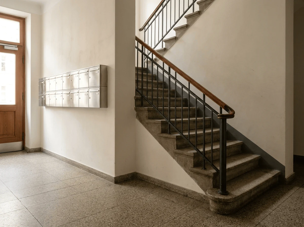 Treppenhaus mit Briefkästen in einem Berliner Wohngebäude