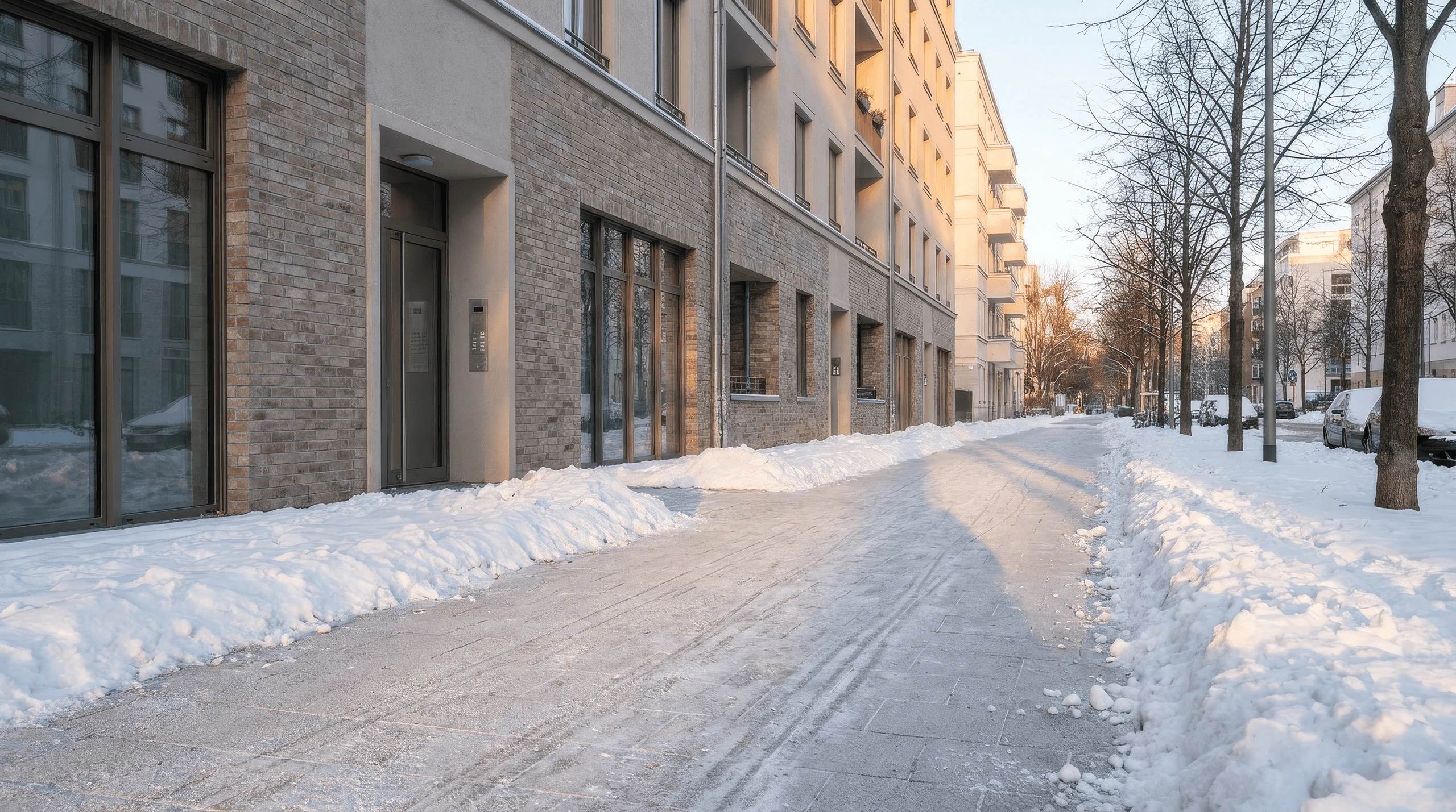 Geräumter Gehweg vor einem Berliner Wohnhaus bei winterlichen Bedingungen