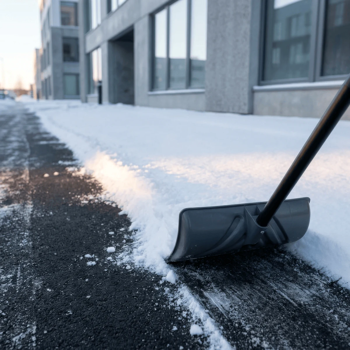 Schneeschaufel räumt Schnee von einem Gehweg vor einem Gebäude